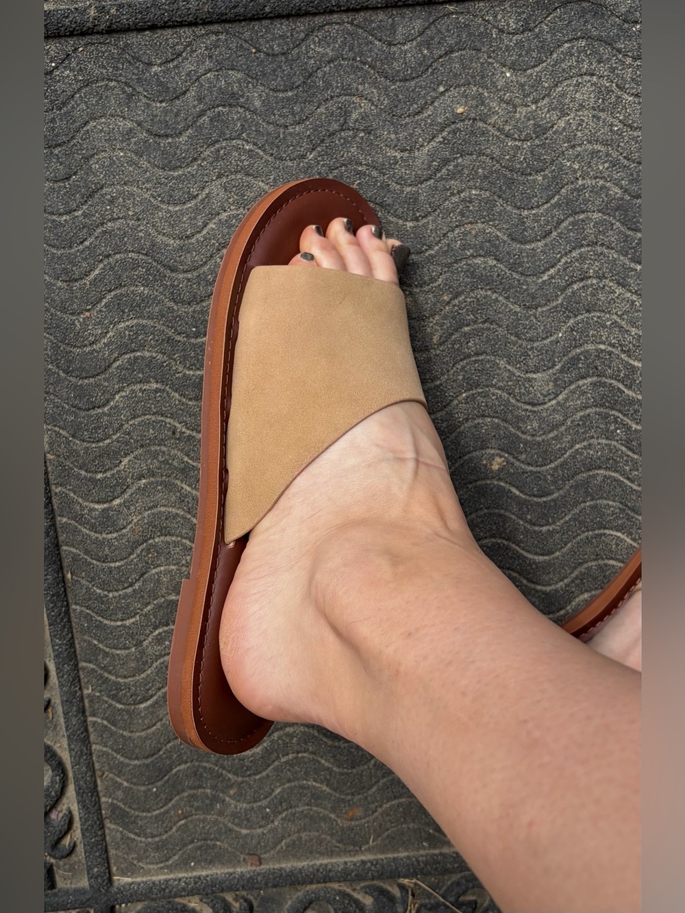 Women's Tan Slide Sandals with Wide Suede Strap - Picture 4 of 5